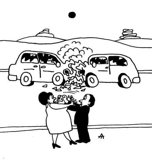 A man and woman fighting after a car crash.