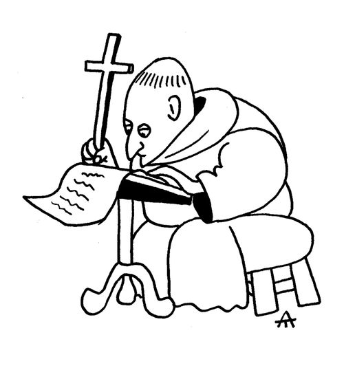 Monk with a crucifix pen.