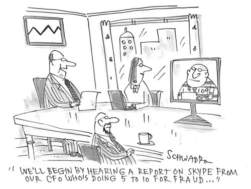 "We'll begin by hearing a report on skype from our CFO who's doing 5 to 10 for fraud..."