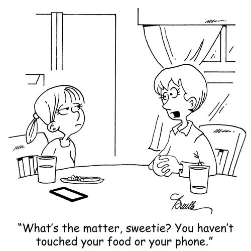 "What's the matter, sweetie? You haven't touched your food or your phone."