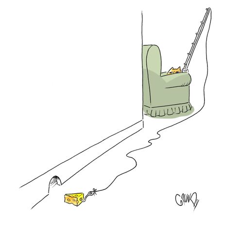 Cat lures mouse with cheese.