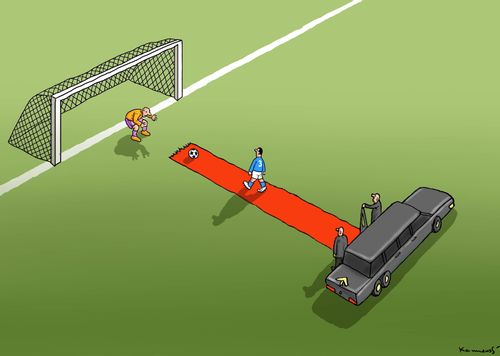 Spoiled footballer uses a red carpet to score.