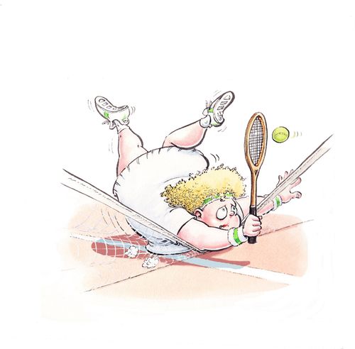 Tennis player lands on the net.