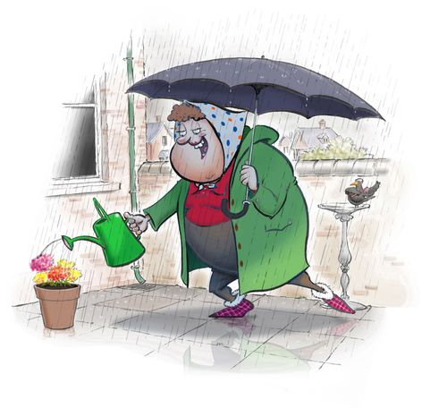 Watering the flowers in the rain.
