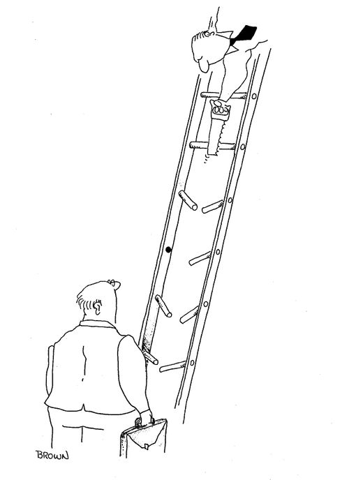 Man at top of corporate ladder destroying rungs.