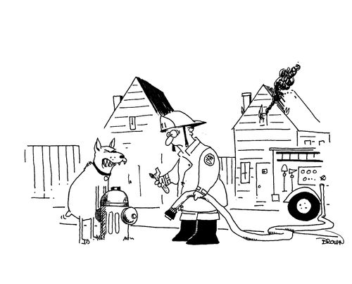 Mean dog protecting fire hydrant from fire man