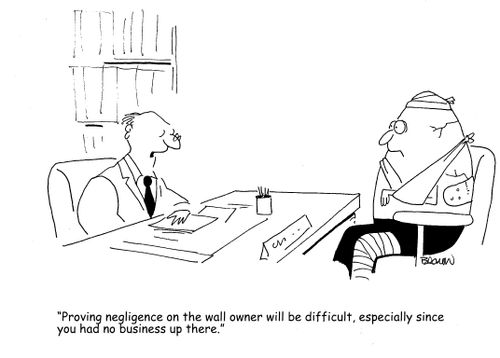 "Proving negligence on the wall owner will be difficult, especially since you had no business up there."