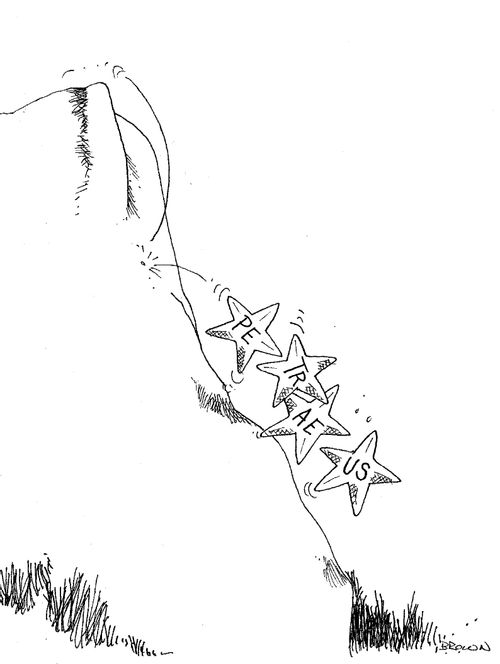 Stars falling down a clif with the letter spelling Petraeus on them