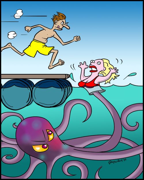 Octopus tricks man into the sea.
