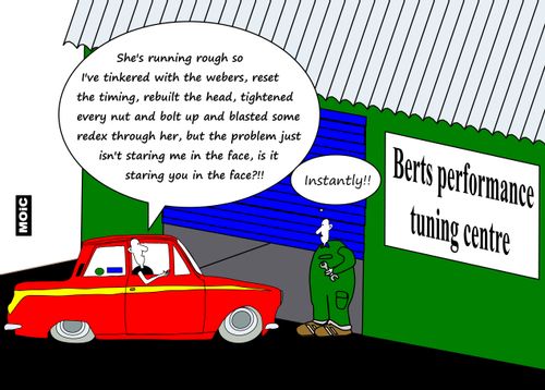 Man can't figure out what is wrong with his car, not noticing the flat tire.