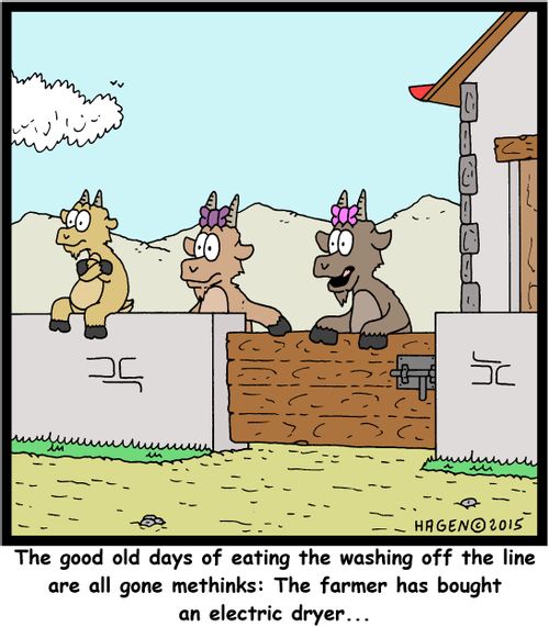 "The good old days of eating the washing off the line are all gone methinks: The farmer has bought an electric dryer..."
