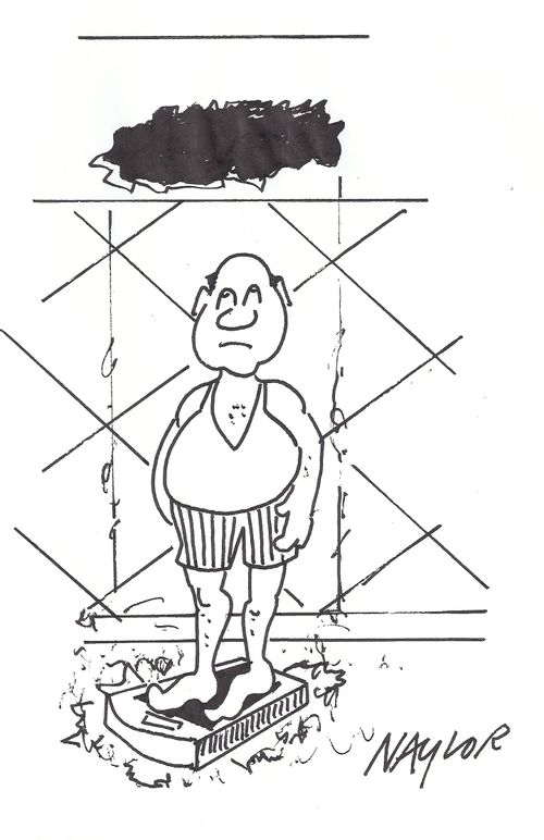 Man stands on the bathroom scales and falls through the ceiling.