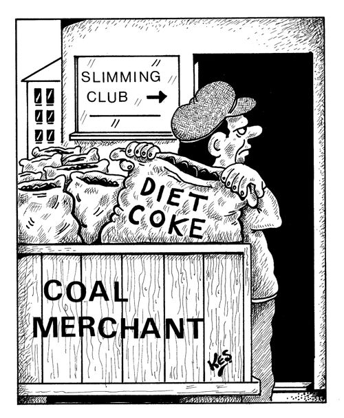 A coal merchant delivers a sack of 'diet coke' to a slimming club.