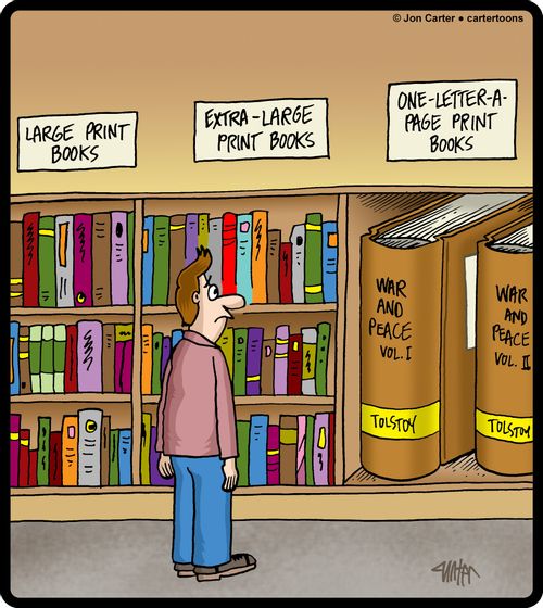 Book shelf features large print books, extra-large print books, and one-letter-a-page print books.