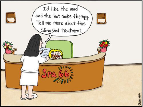 "I'd like the mud and the hot rocks therapy. Tell me more about this slingshot treatment."