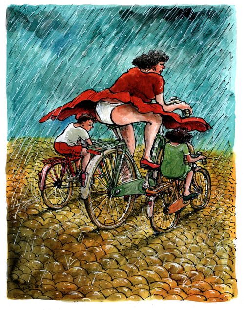 Mother's skirt works as an umbrella.