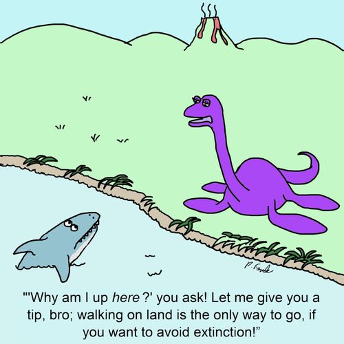 "'Why am I up here?' you ask! Let me give you a tip, bro; walking on land is the only way to go, if you want to avoid extinction!"