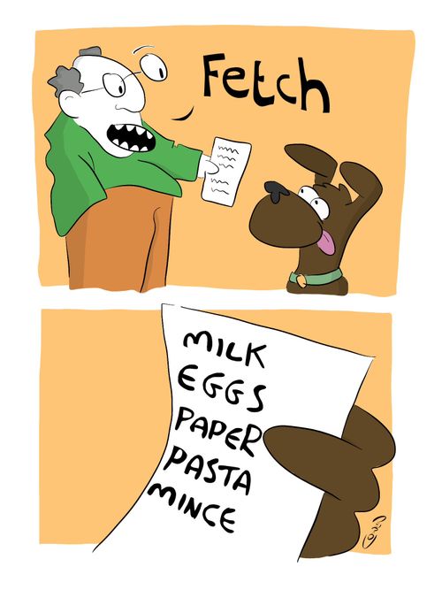 Man sending dog to fetch items...