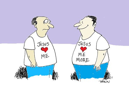Two men in T-shirts, one shirt says Jesus loves me, the other Jesus loves me more.