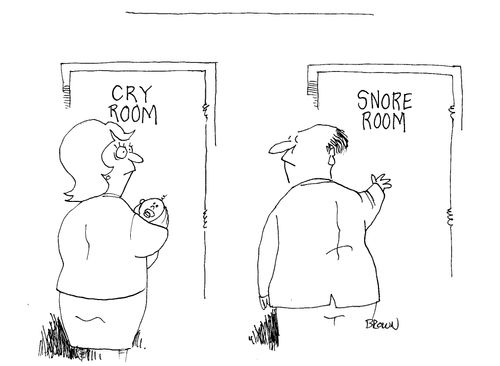Two doors at the church, one labelled cry room the other snore room.
