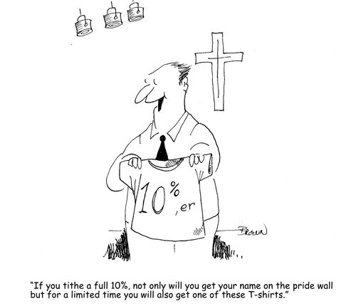 "If you tithe a full 10%, not only will you get your name on the pride wall but for a limited time you will also get one of these T-shirts."