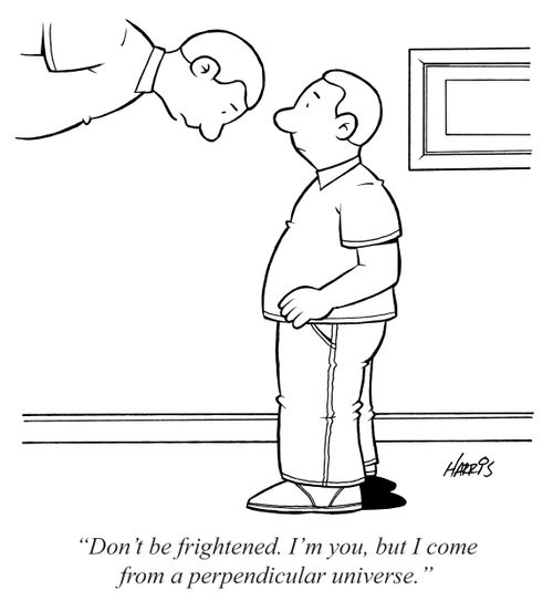 "Don't be frightened. I'm you, but I come from a perpendicular universe."