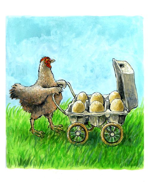 Chicken with pushchair.