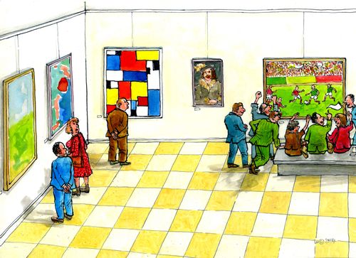 People watching the football in an art gallery.