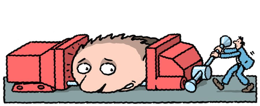 A tiny man squeezing a giant's head in a vice