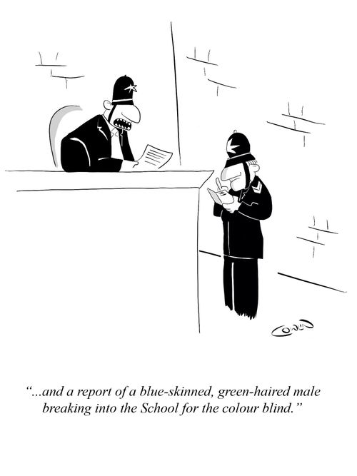 "...and a report of a blue-skinned, green-haired male breaking into  the School for the colour blind."