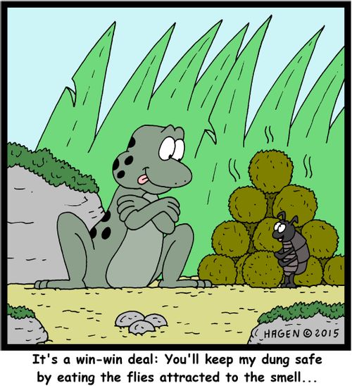 "It's a win-win deal: You'll keep my dung safe by eating the flies attracted to the smell..."