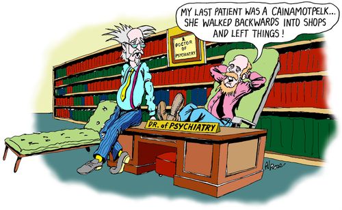 "My last patient was a cainamotpelk...she walked backwards into shops and left things!"