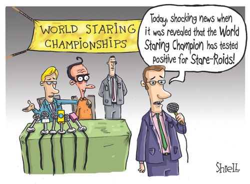 "Today, shocking news when it was revealed that the World Staring Champion has tested positive for Stare-Roids!"