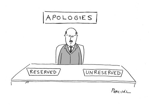 Man sitting at desk below sign saying 'Apologies' and two trays labelled 'Reserved' and 'Unreserved'.