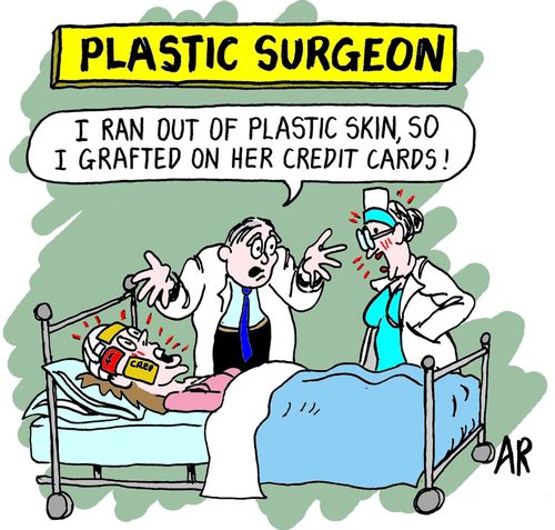 "I ran out of plastic skin, so I grafted on her credit cards!"