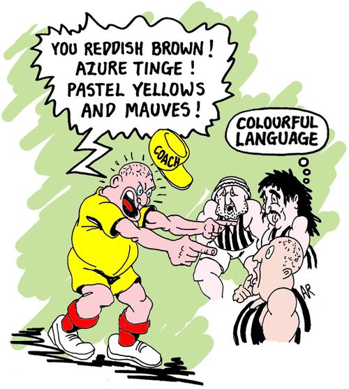 "You reddish brown! Azure tinge! Pastel yellows and mauves!"