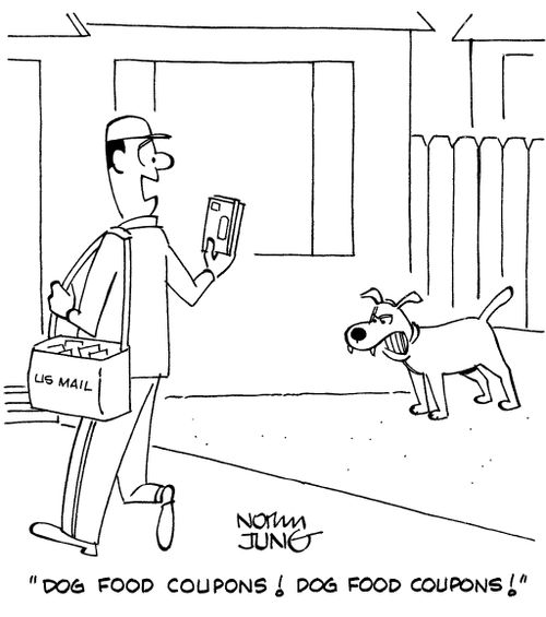 "Dog food coupons! Dog food coupons!"