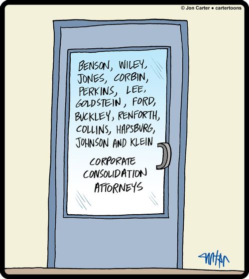 Door to business for corporate consolidation attorneys with many names on it.