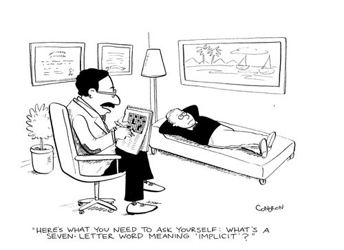 "Here's what you need to ask yourself: What's a seven-letter word meaning 'implicit'?"
