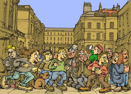 Tourists on their phones in Bath