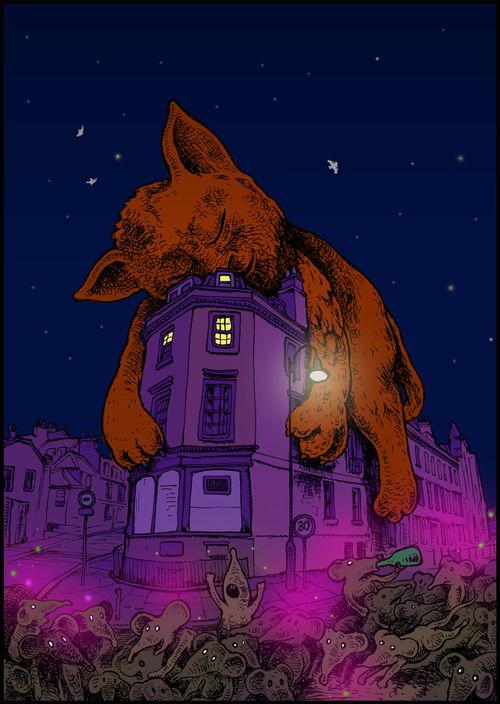 Giant cat sleeps on a building
