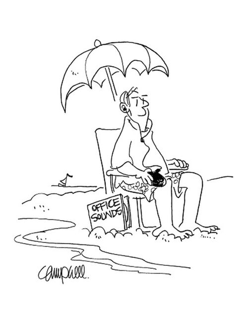Tycoon on beach listens to "office sounds" on CD player