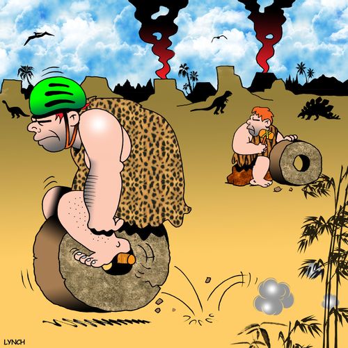 Prehistoric bikes and their advanced helmets.