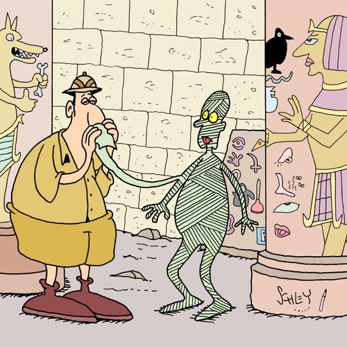 Archaeologist blows his nose on a mummy's bandage.