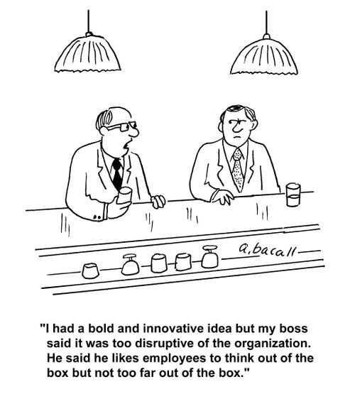 "I had a bold and innovative idea but my boss said it was too disruptive of the organization. He said he likes employees to think out of the box but not too far out of the box."