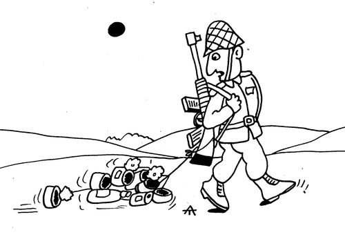 Soldier dragging tins around