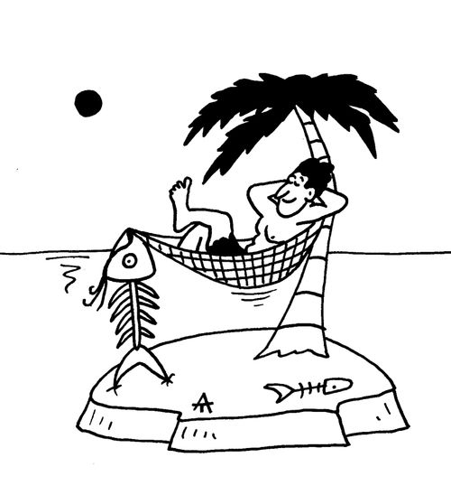 Man on a desert island uses fish bones to hold up a hammock.