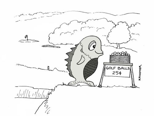 A fish is selling golf balls by the course pond.