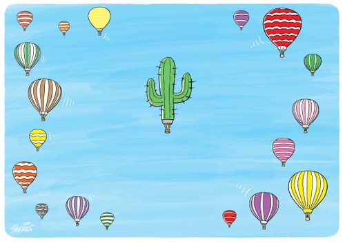 Hot air balloons avoiding balloon in the shape of a cactus