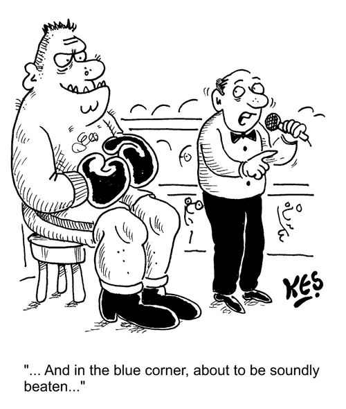 "... And in the blue corner, about to be soundly beaten... "